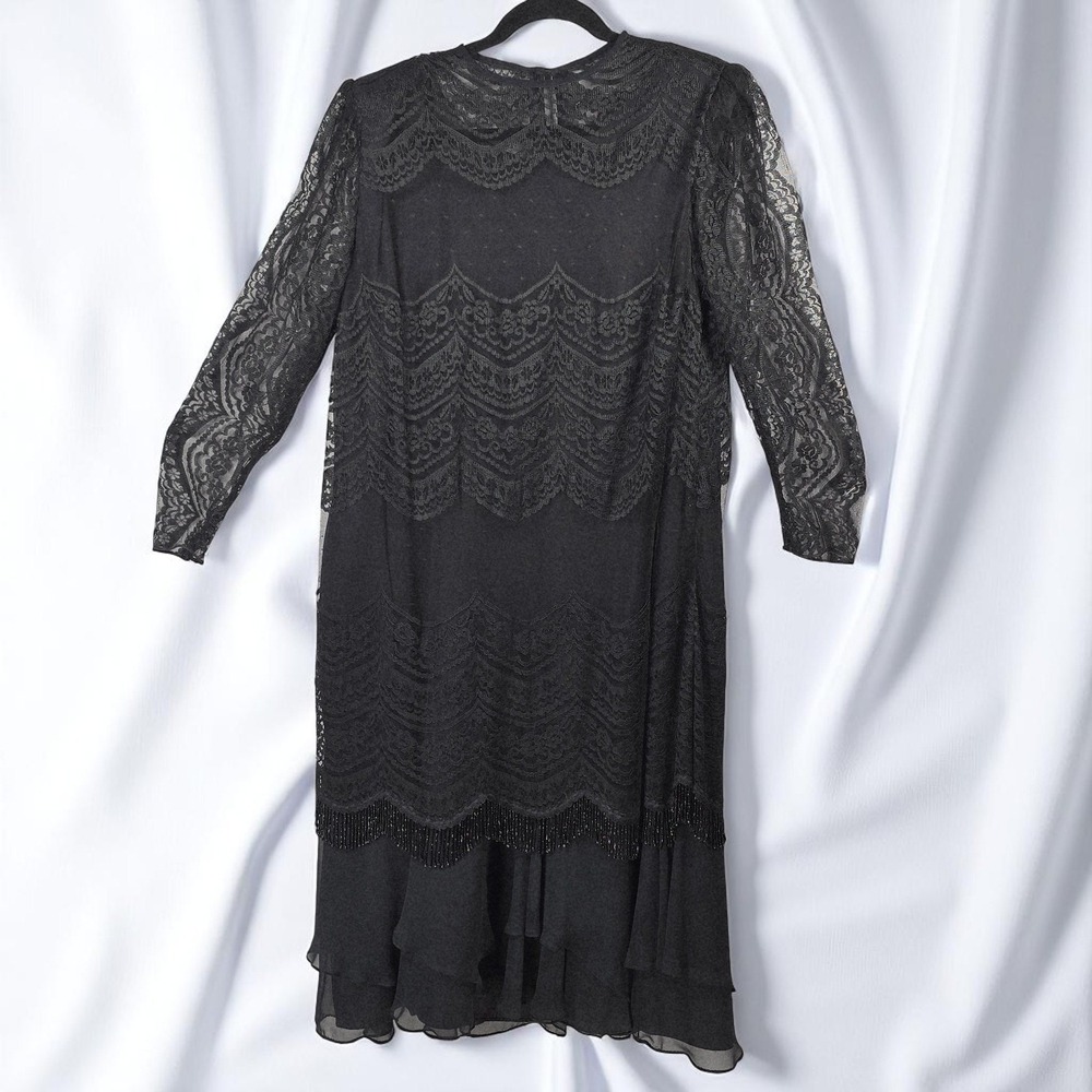 Miss Elliette Vintage Lace Dress Woman 20 Black Layered Beaded Trim Party 80s